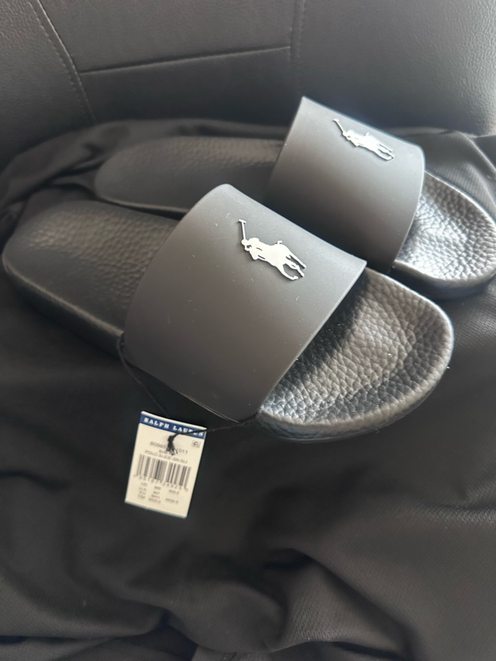 Ralph Lauren Black Polo Slide Sandals with White Logo